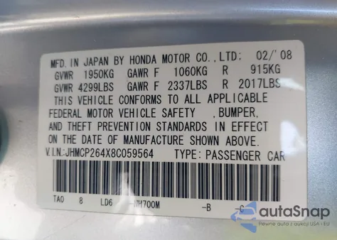 2008 Honda Accord 2.4 Lx-P from USA, damaged, VIN JHMCP264X8C059564